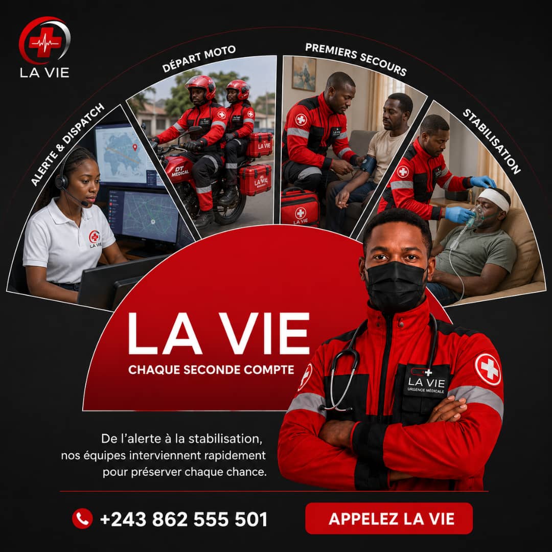 Moto-ambulance d'urgence LAVIE en intervention rapide à Kinshasa